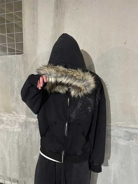 Faux Fur Collar Y2K Hoodie