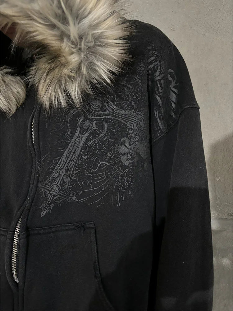 Faux Fur Collar Y2K Hoodie